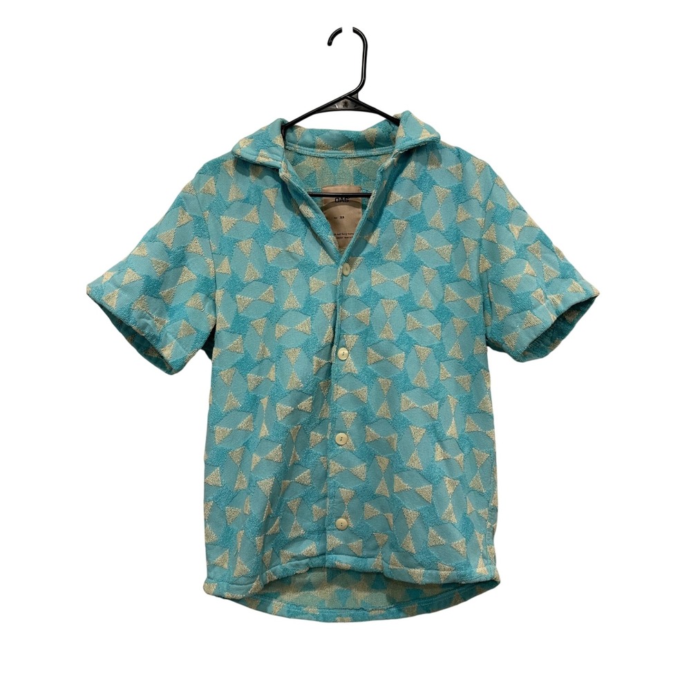 OAS Mens Terry Towel Shirt XS Turquoise Geometric Short Sleeve Resort Collar